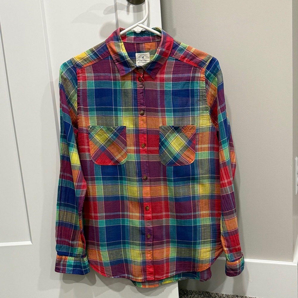 American Eagle Outfitters Multicolor Plaid Button-Down Shirt vintage boyfriend - Picture 1 of 3